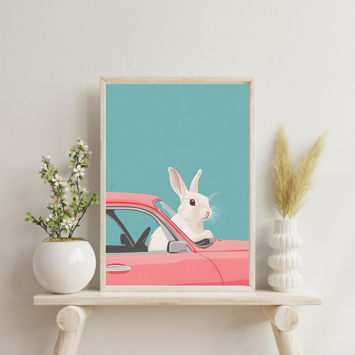 Rabbit Driving Retro Pink Car Cute Funny Animal Nursery Art Poster - Image 8
