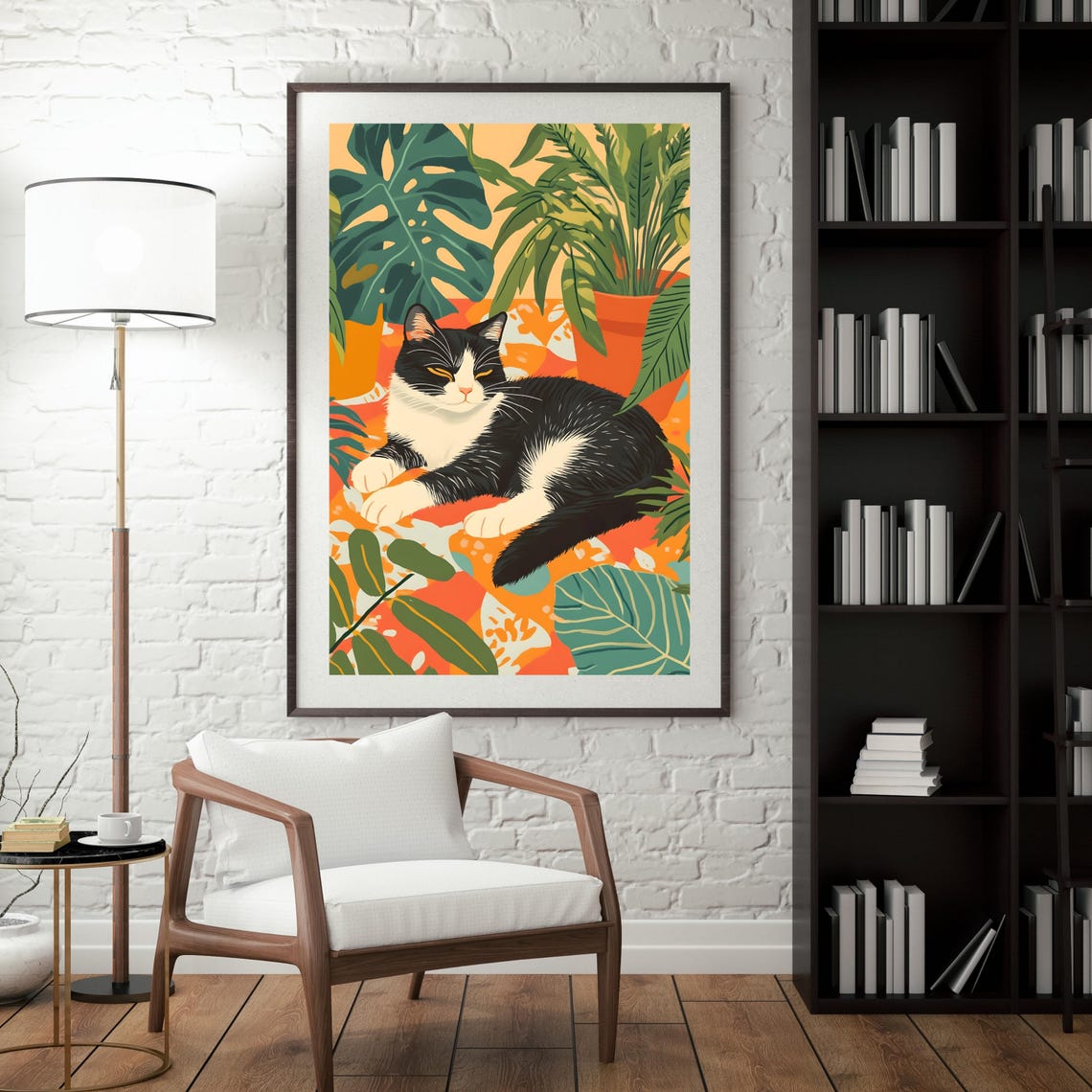 Relaxed Black and White Cat Lounging Among Monstera Leaves Poster - Image 3