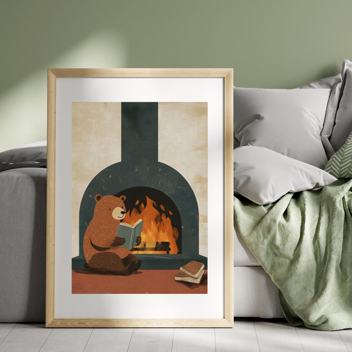 Cozy Brown Bear Reading a Book by a Crackling Fireplace Poster - Image 8