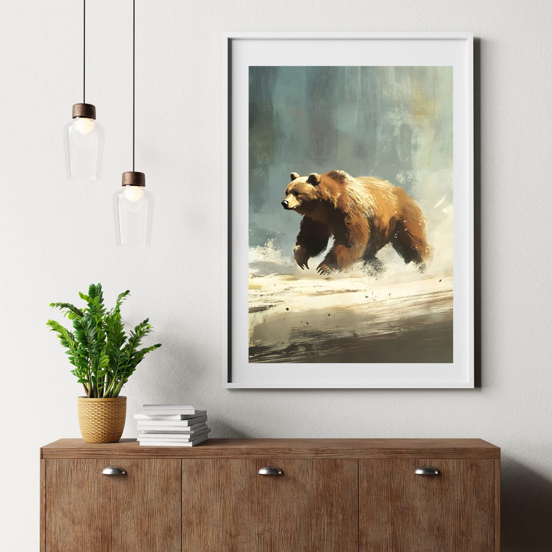 Majestic Brown Bear Wading Misty Forest River Painterly Art Poster - Image 6