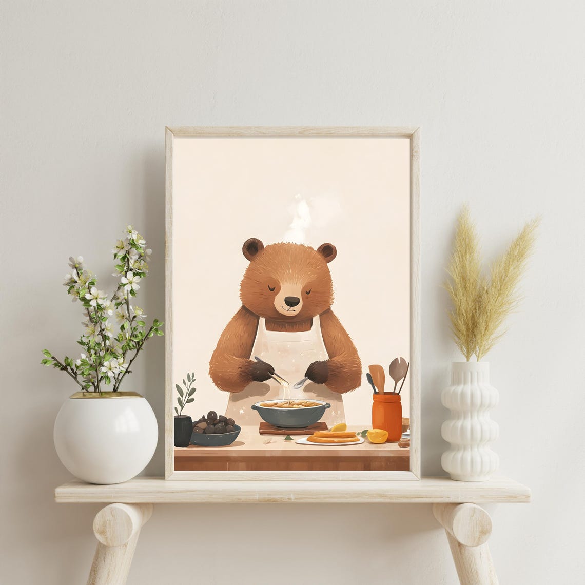 Cute Bear Chef Stirring Pasta in a White Apron in the Kitchen Poster - Image 4