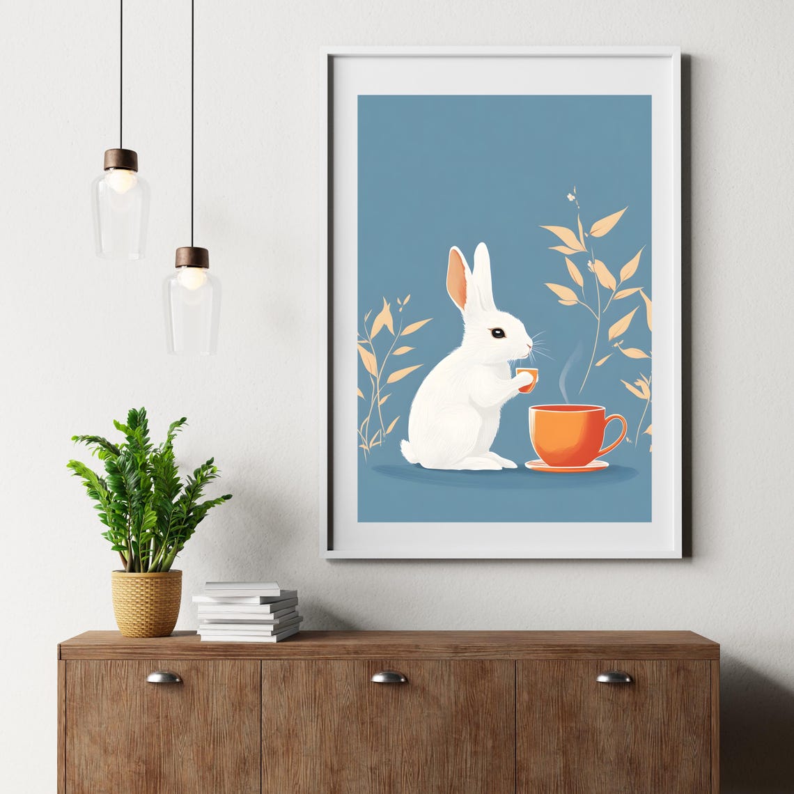 Adorable White Bunny Drinking Tea on a Dusty Blue Botanical Poster - Image 6