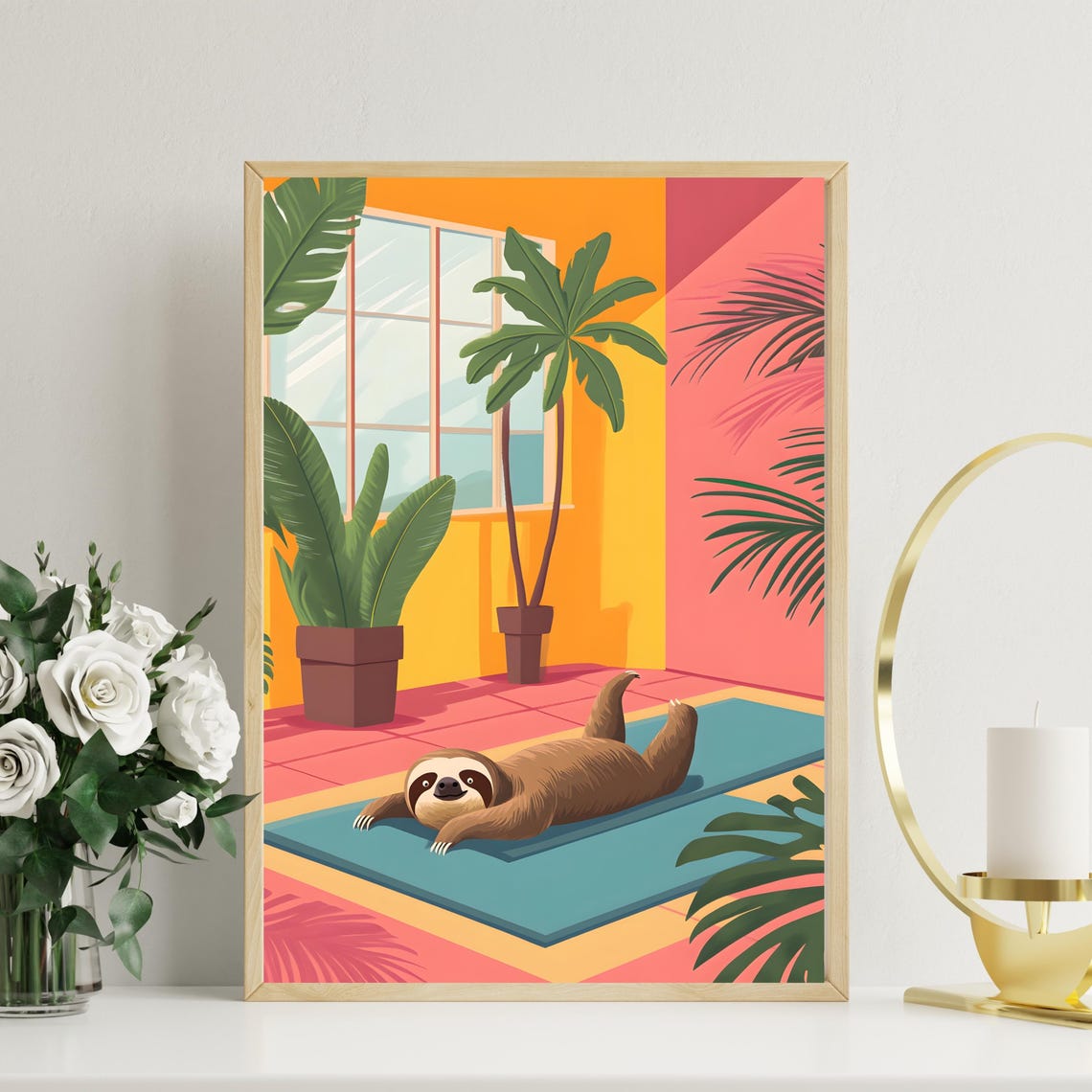 Sloth Doing Yoga on a Blue Mat in a Colorful Tropical Room Poster - Image 2