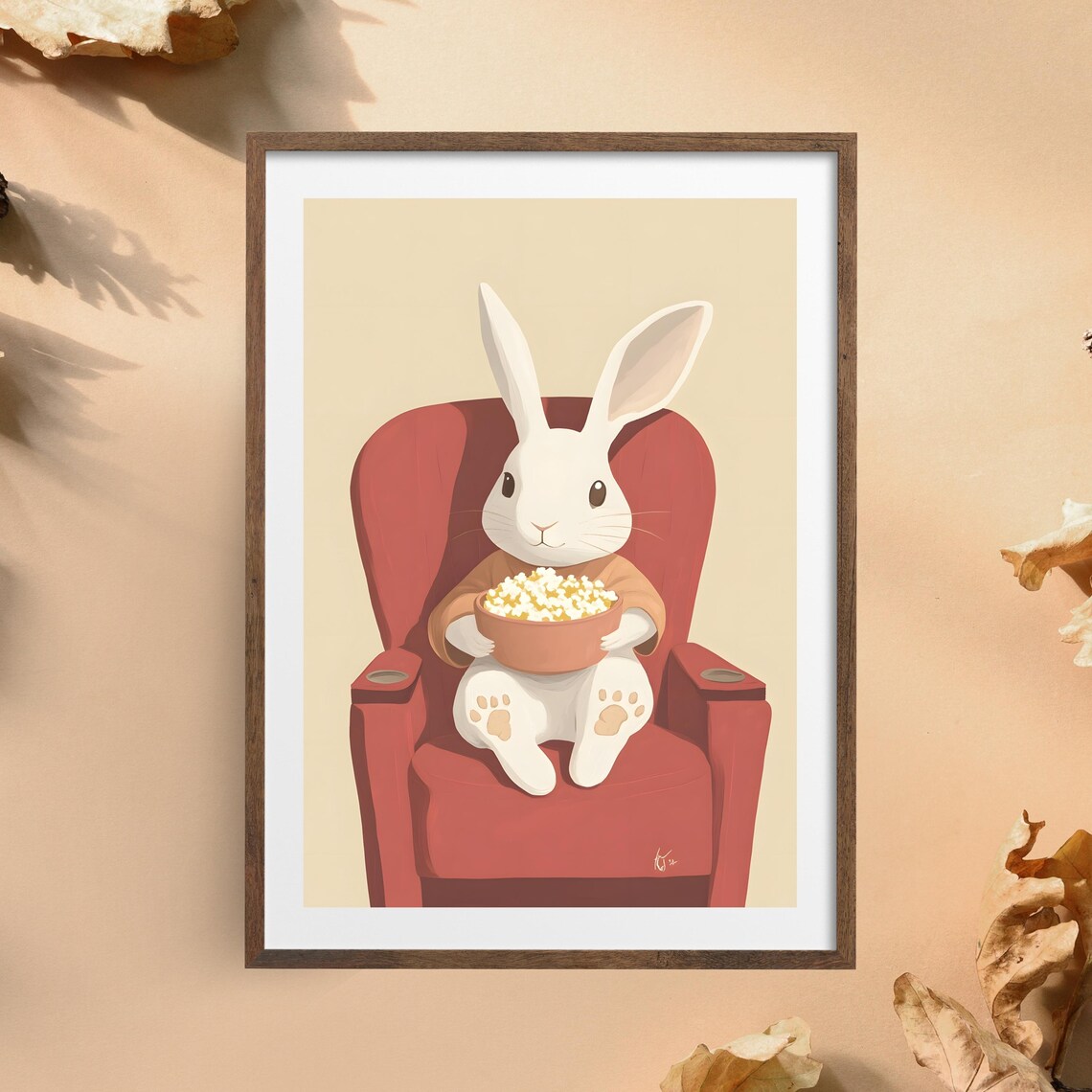 White Bunny Eating Popcorn in Red Armchair Movie Night Poster