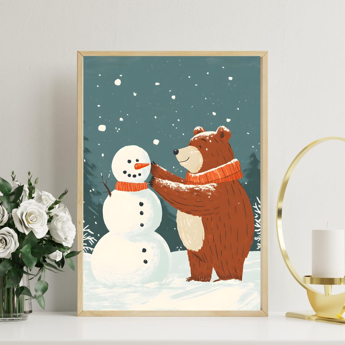 Cute Brown Bear in Orange Scarf Building a Snowman Winter Poster - Image 2