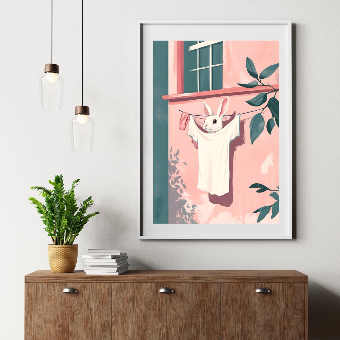 Curious White Rabbit Peeking Through Laundry Drying on a Clothesline Poster - Image 5
