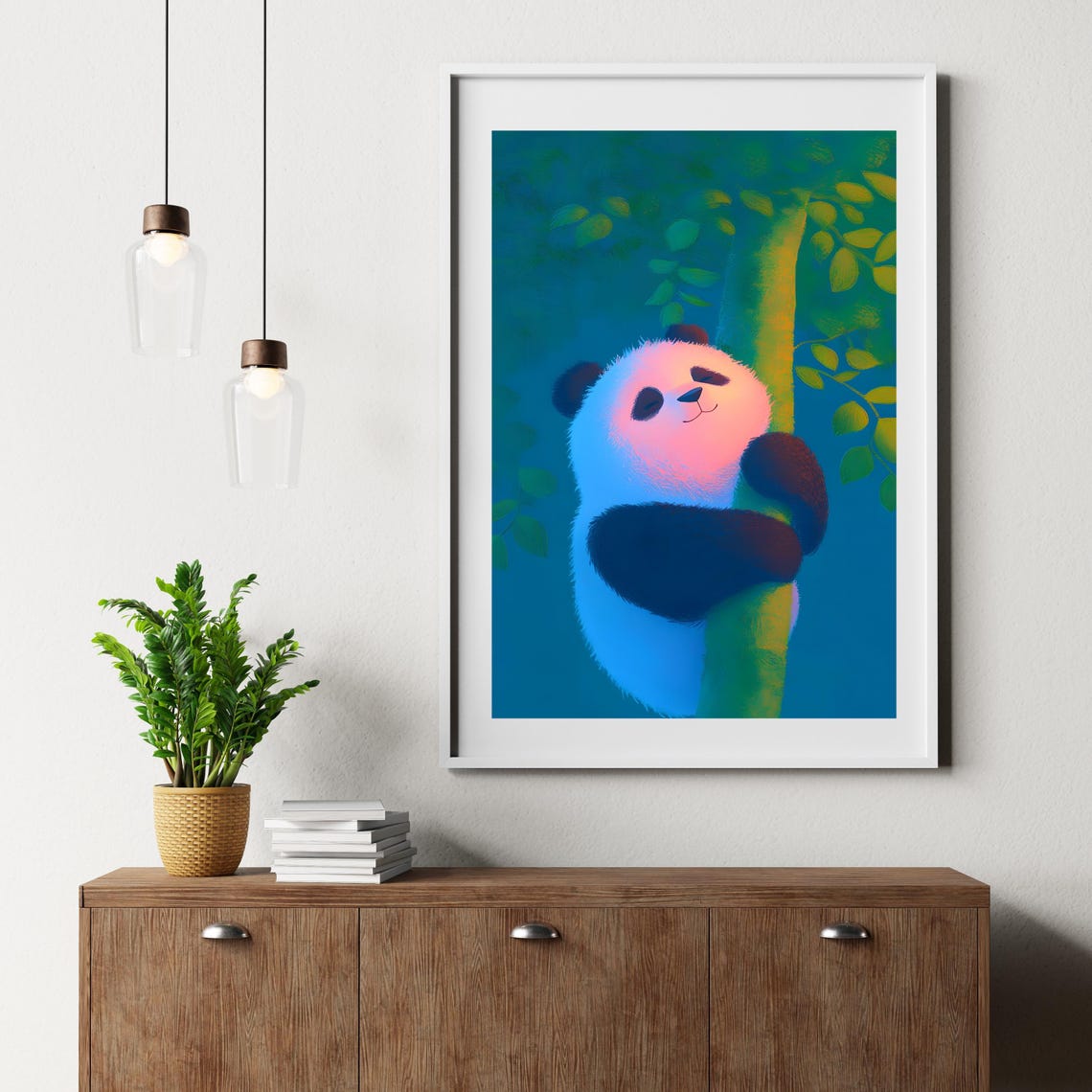 Dreamy Panda Hugging Tree In Teal Forest Nursery Animal Poster - Image 3