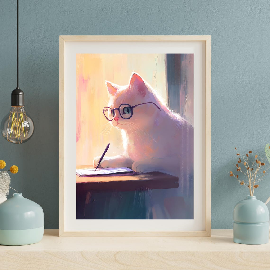 White Cat With Glasses Writing At A Sunny Desk Cozy Art Poster