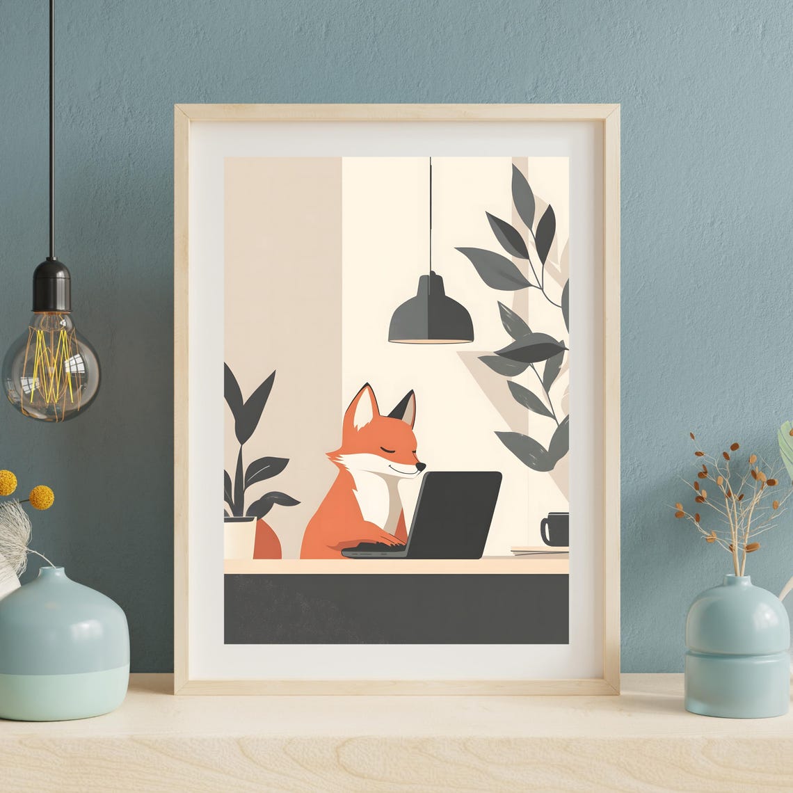 Fox Working Laptop Minimalist Office Desk Cute Animal Art Poster - Image 5