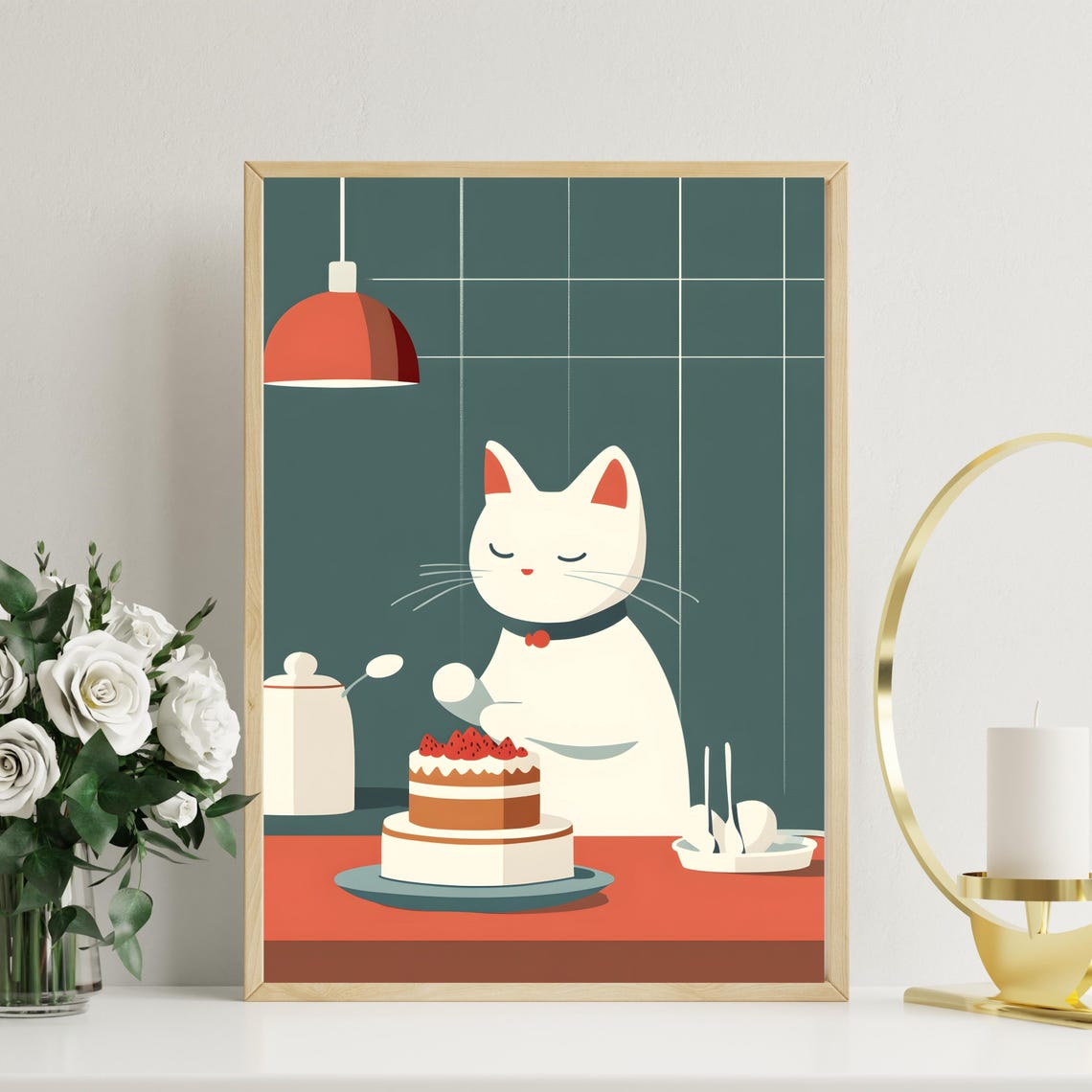 Cat Decorating Strawberry Cake Cute Kitchen Animal Nursery Art Poster - Image 7
