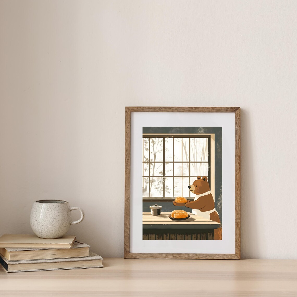 Gentle Brown Bear Baker Serving Fresh Bread Rolls at a Rustic Table Poster - Image 7