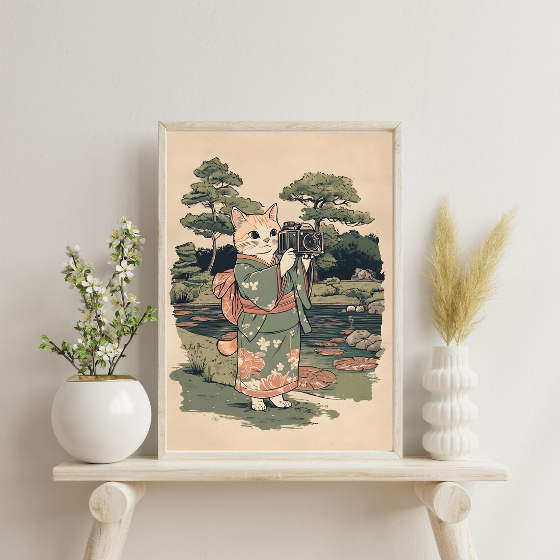 Ginger Cat Photographer in Kimono Holding Vintage Camera Poster - Image 2