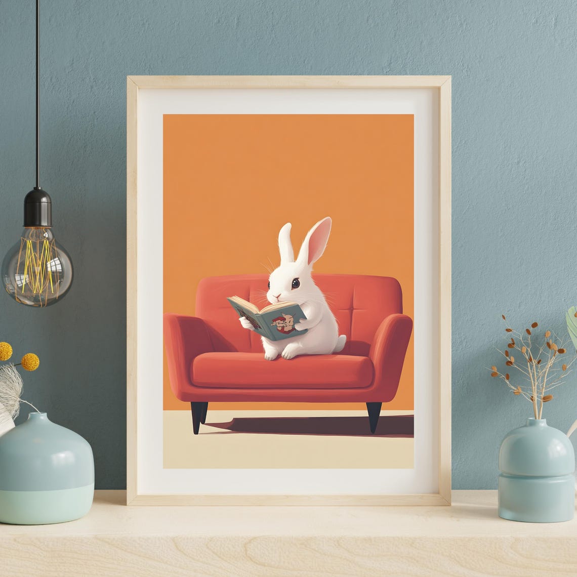 White Bunny Reading a Book on a Red Sofa in Orange Room Poster - Image 3