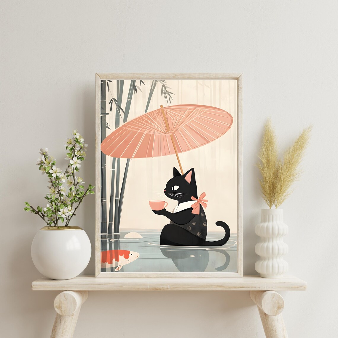 Black Cat With Pink Umbrella Drinking Tea in a Rainy Pond Poster - Image 4