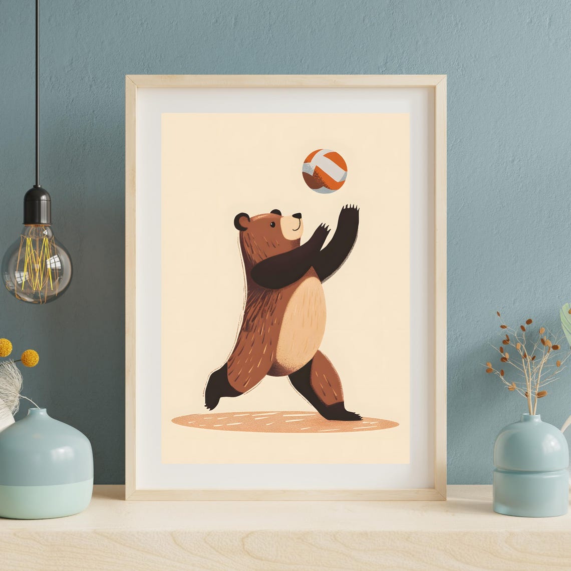 Playful Brown Bear Reaching for a Colorful Beach Ball Poster