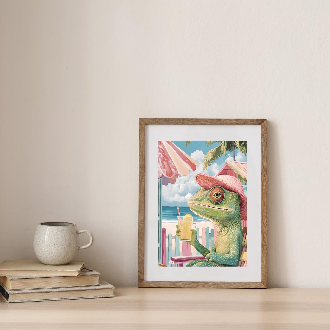 Chameleon in Pink Straw Hat Sipping Lemonade at Beach Poster - Image 3