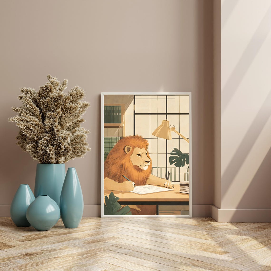 Focused Lion Writing at Office Desk Whimsical Animal Office Poster - Image 6