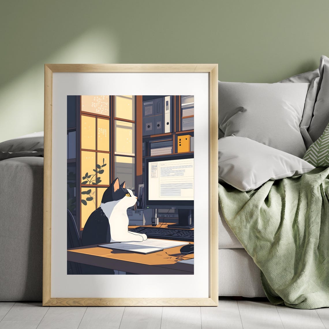 Cat at Computer Night Office Funny Workspace Animal Nursery Art Poster - Image 2
