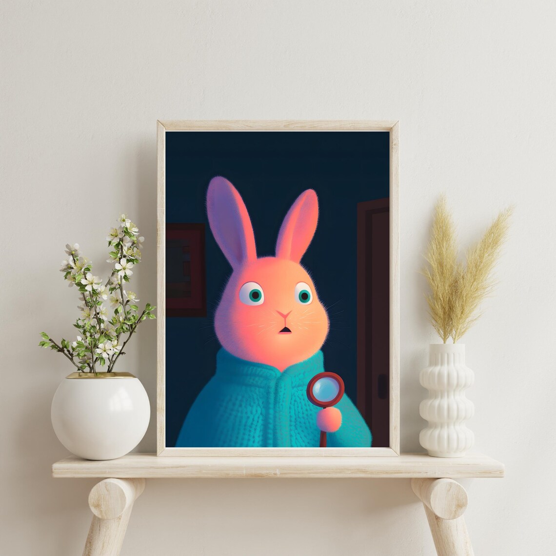 Detective Bunny With Magnifying Glass At Night Mystery Art Poster - Image 3