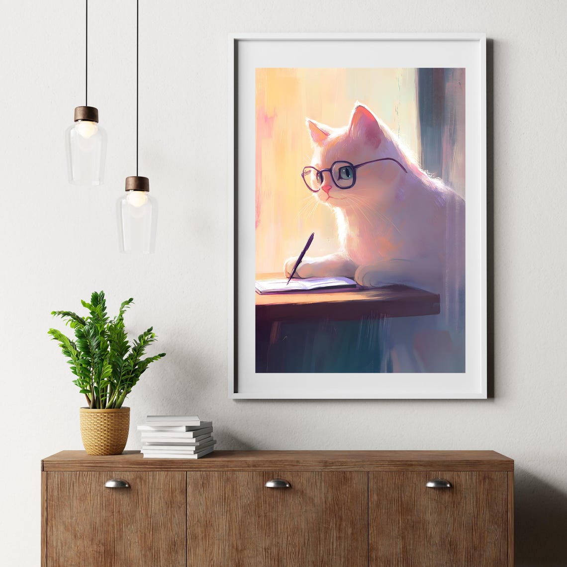 White Cat With Glasses Writing At A Sunny Desk Cozy Art Poster - Image 2