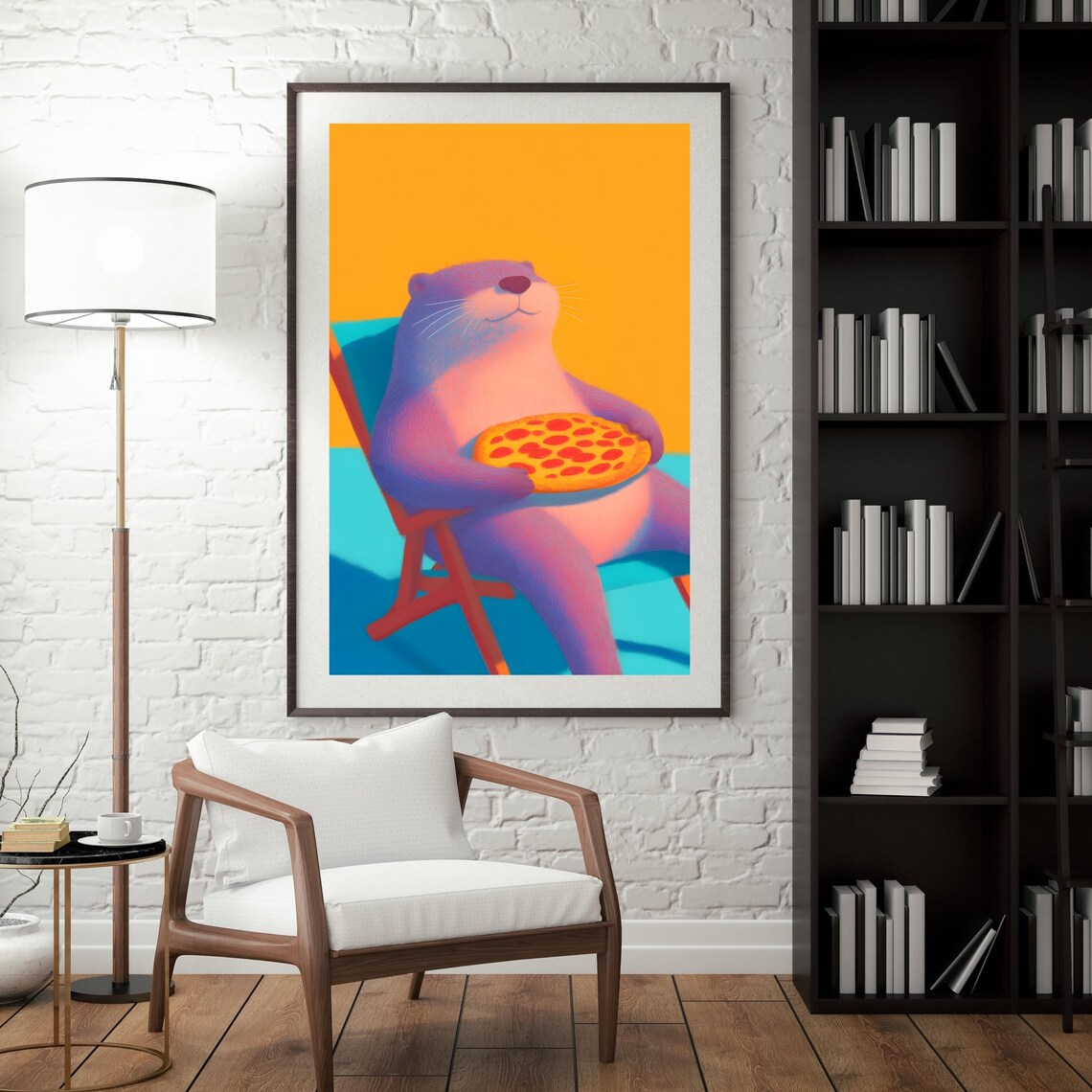 Relaxed Purple Otter Holding Pepperoni Pizza on Beach Chair Poster - Image 3