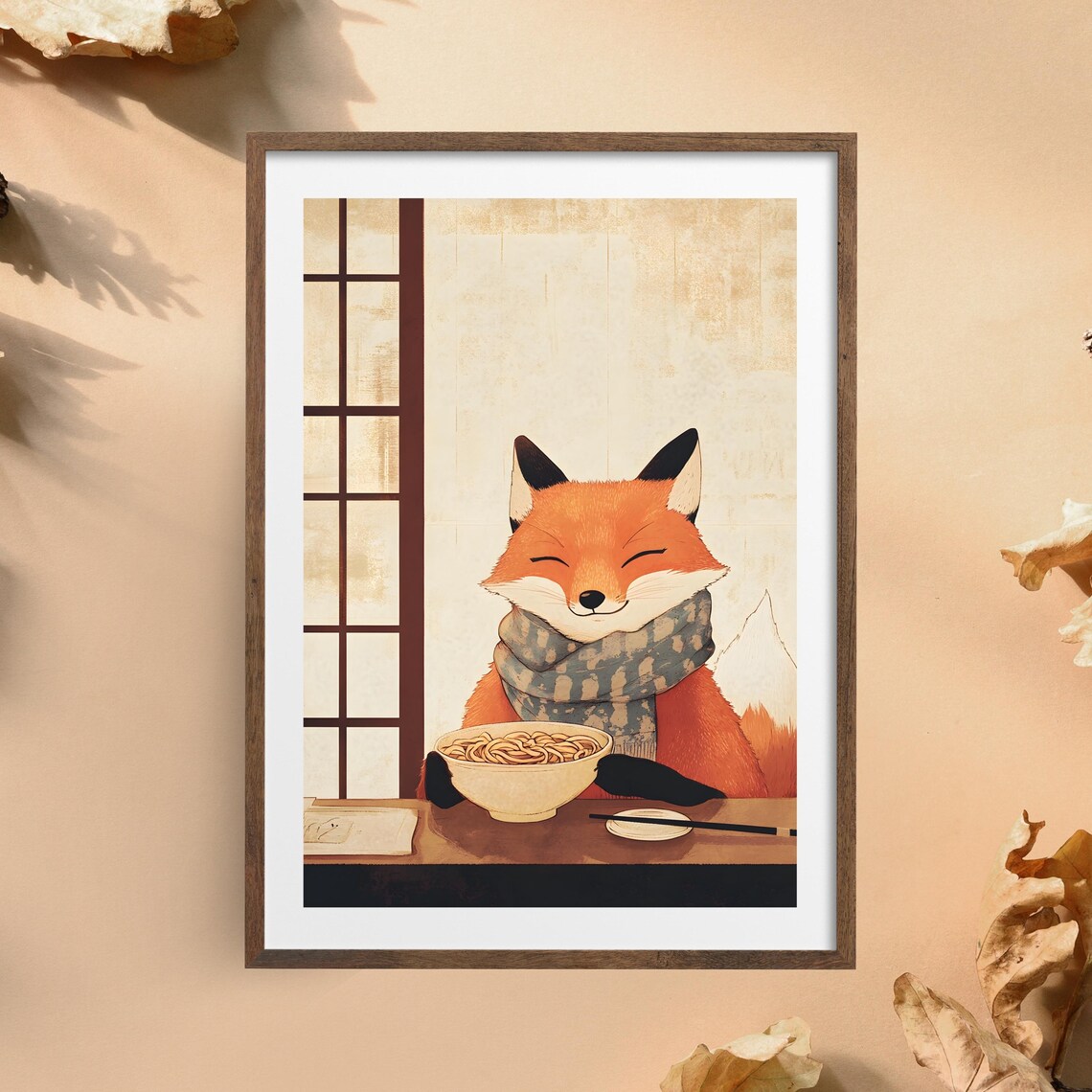 Happy Red Fox in a Patterned Scarf Savoring a Steaming Noodle Bowl Poster - Image 5