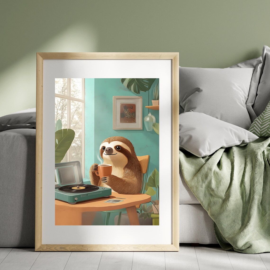 Smiling Sloth Drinking Hot Coffee Beside a Vintage Mint Record Player Poster - Image 4