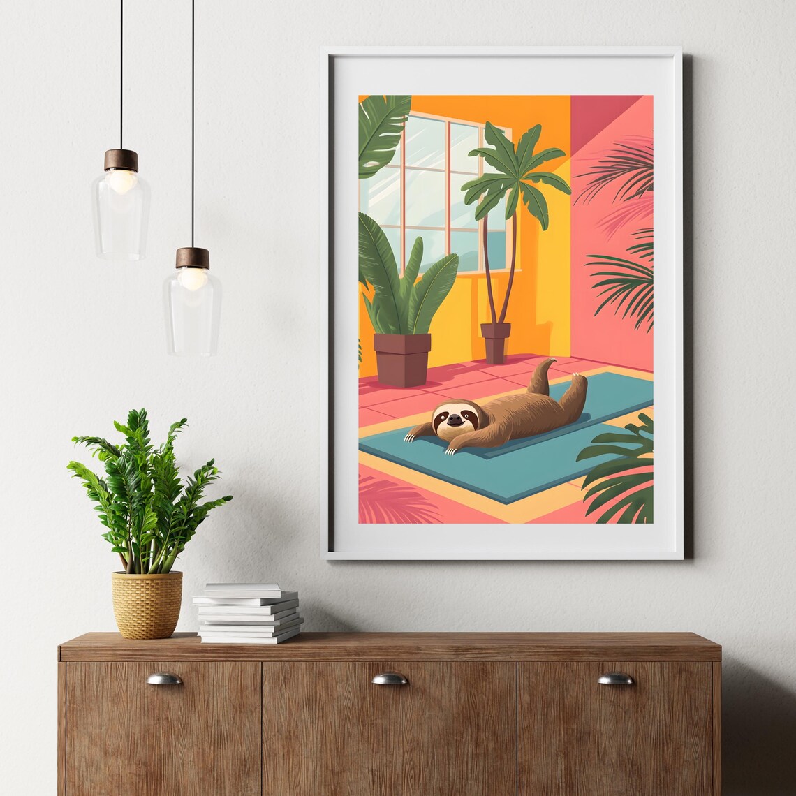 Sloth Doing Yoga on a Blue Mat in a Colorful Tropical Room Poster - Image 6