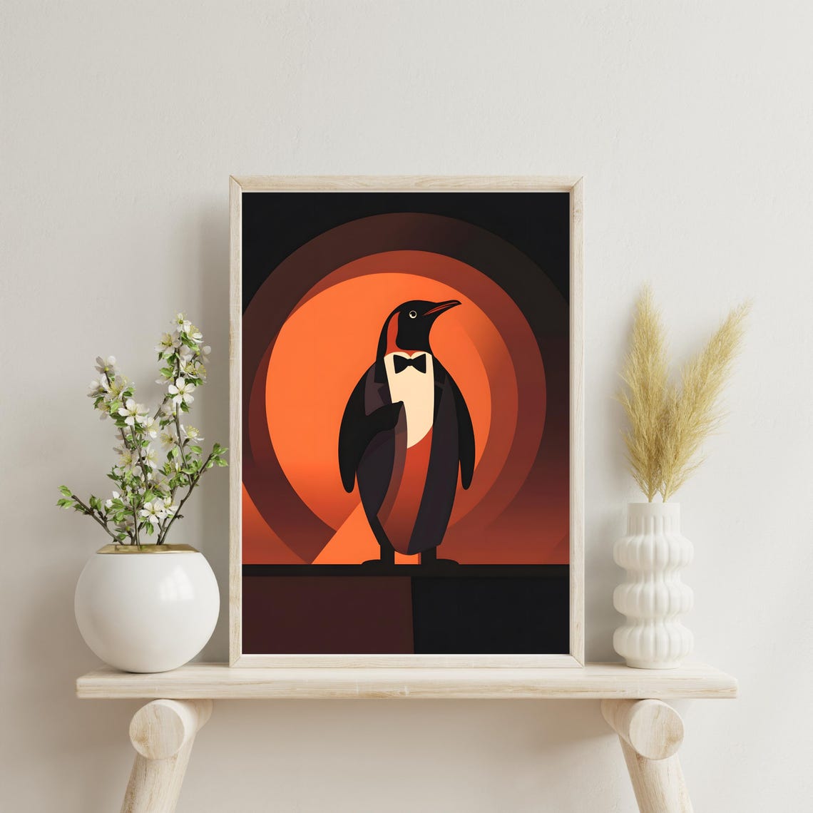 Elegant Penguin in Tuxedo Against Art Deco Orange Circles Poster - Image 5