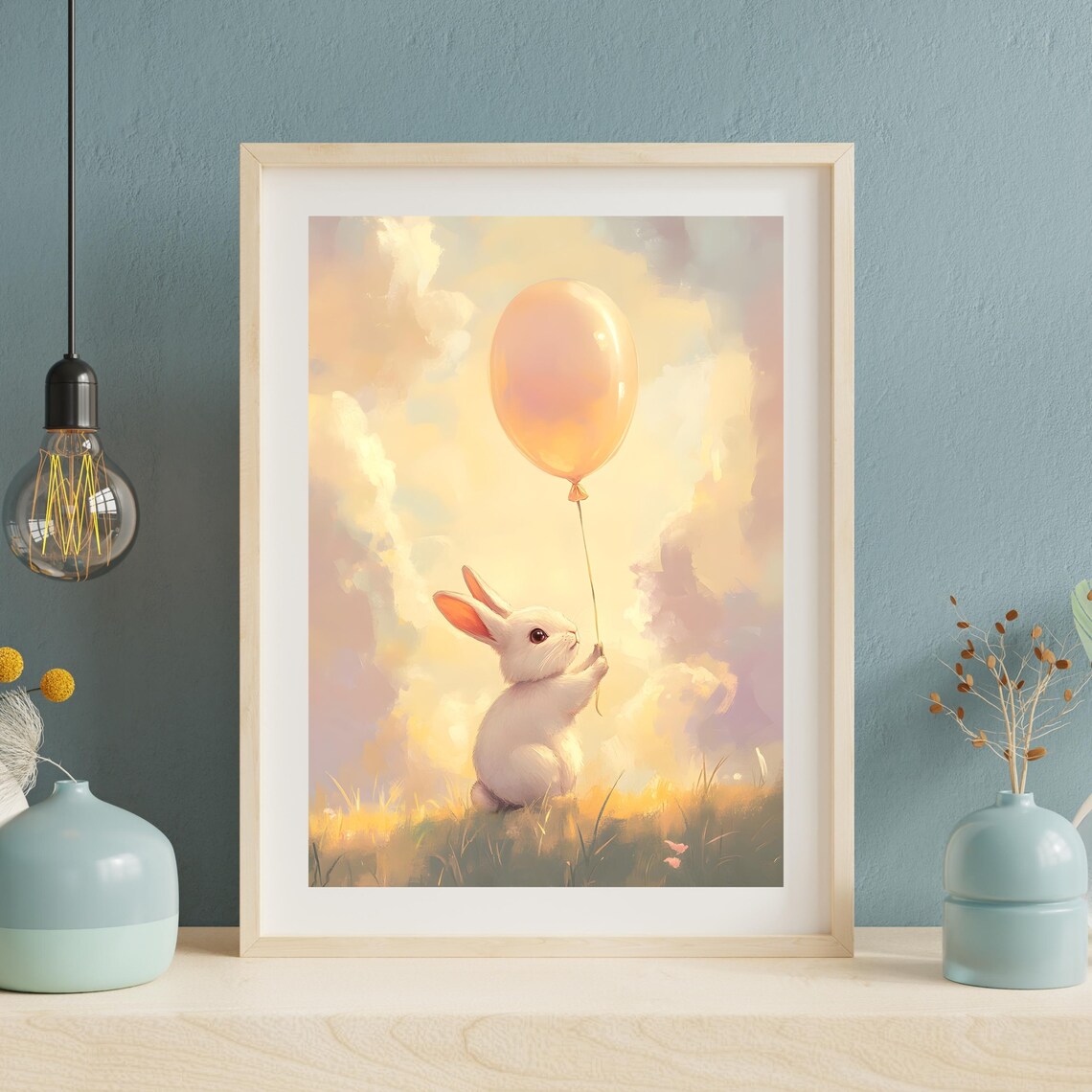 Tiny White Bunny Holding a Glowing Orange Balloon in a Sunset Meadow Poster - Image 4