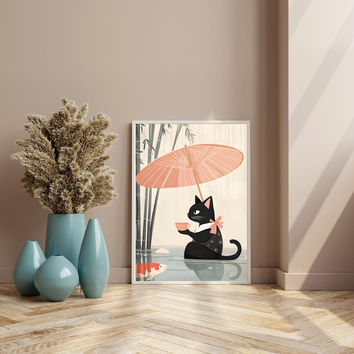 Black Cat With Pink Umbrella Drinking Tea in a Rainy Pond Poster - Image 8