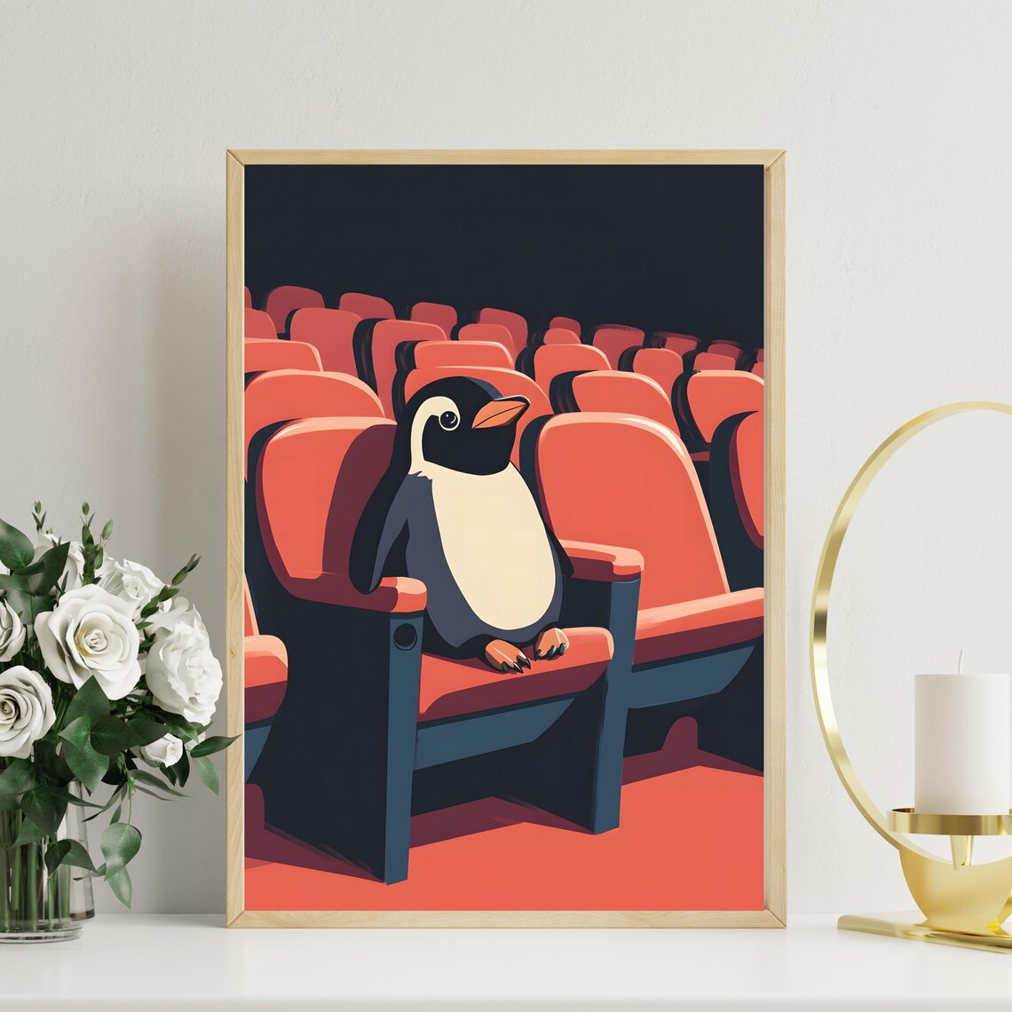 Penguin At The Theater Red Seats Cinema Night Animal Art Poster - Image 2