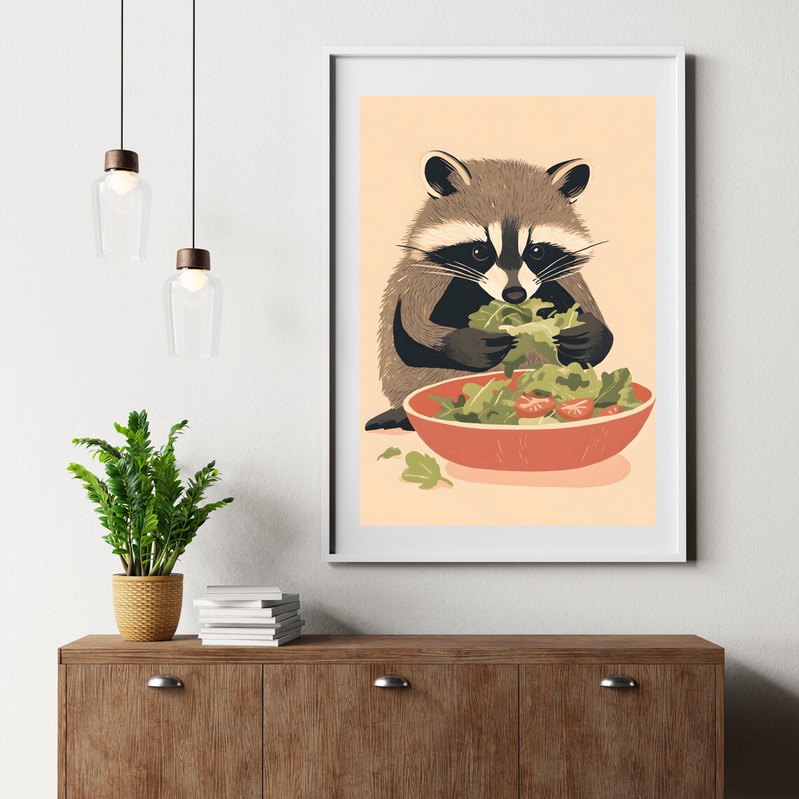 Cute Raccoon Enjoying a Fresh Green Salad Bowl with Tomatoes Poster - Image 6