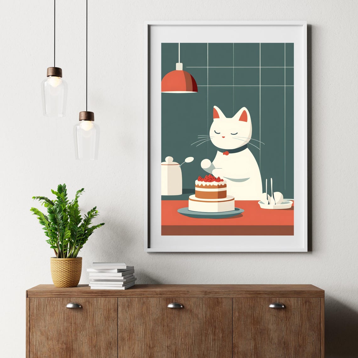 Cat Decorating Strawberry Cake Cute Kitchen Animal Nursery Art Poster - Image 2