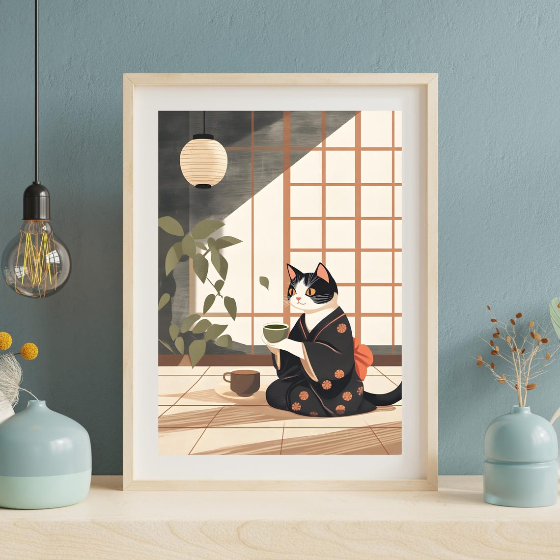 Black and White Cat in Kimono Drinking Tea by Shoji Screen Poster - Image 3