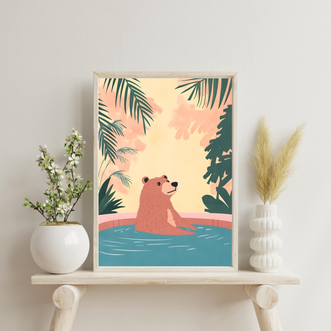 Smiling Brown Bear Floating in a Tropical Pool Under Pink Sunset Skies Poster - Image 3