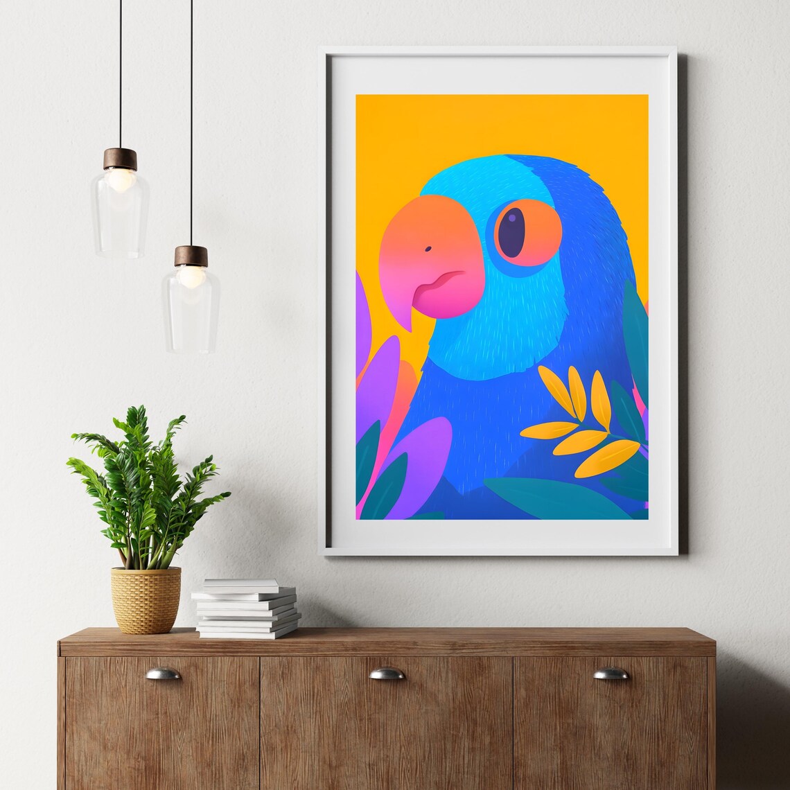 Vibrant Blue Parrot Portrait With Tropical Leaves On Yellow Poster - Image 2