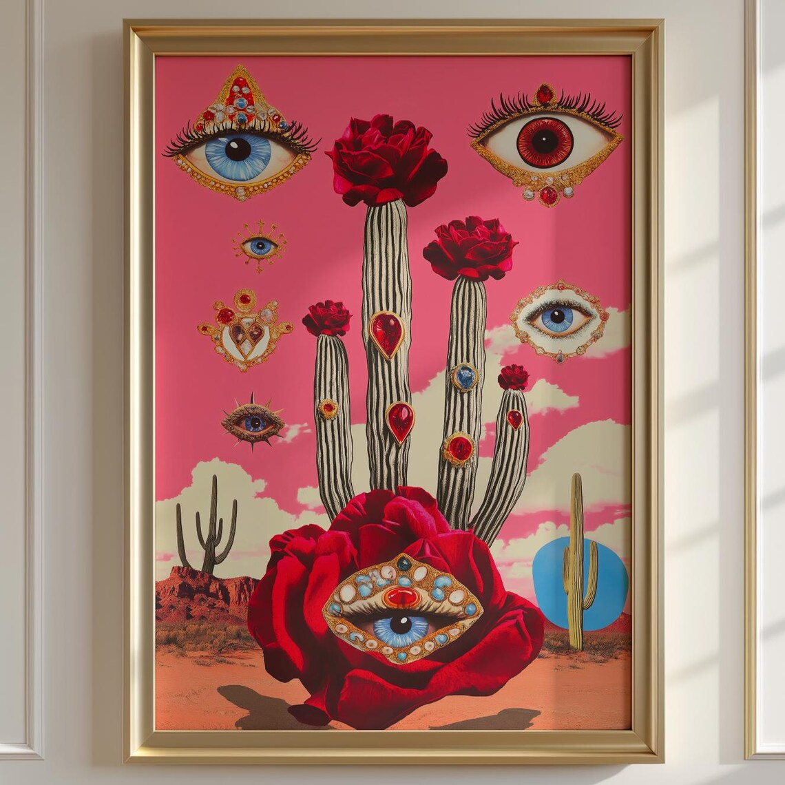Surreal Jeweled Eye Cactus Pink Desert Rose Maximalist Wall Art