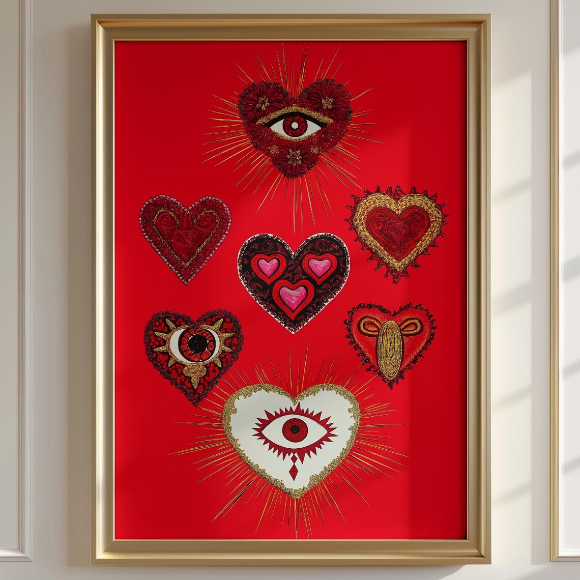 Mystical Sacred Hearts with Eyes Bold Red Maximalist Art Poster