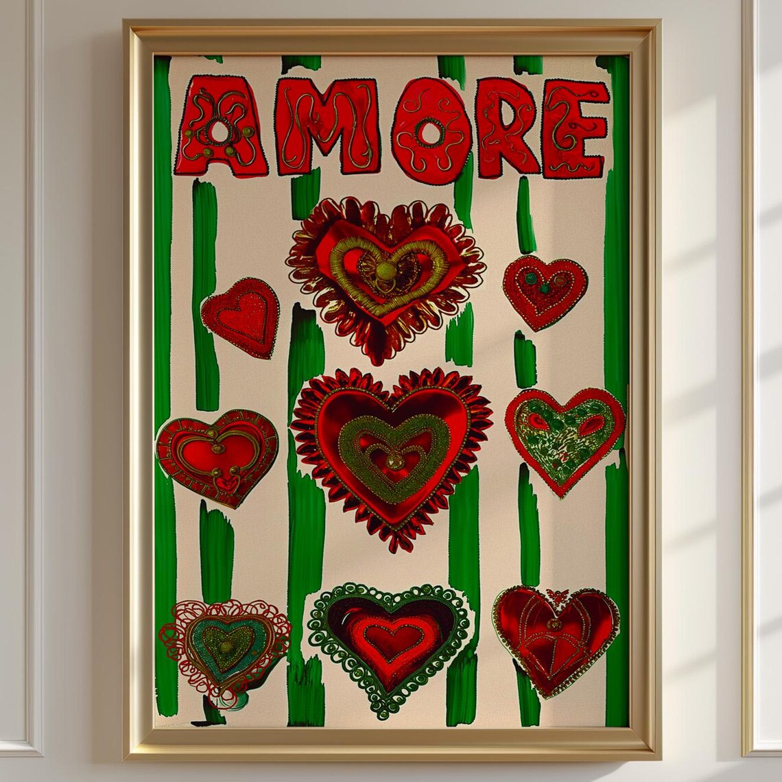 Amore Embroidered Red Hearts Folk Art Romantic Italian Love Poster