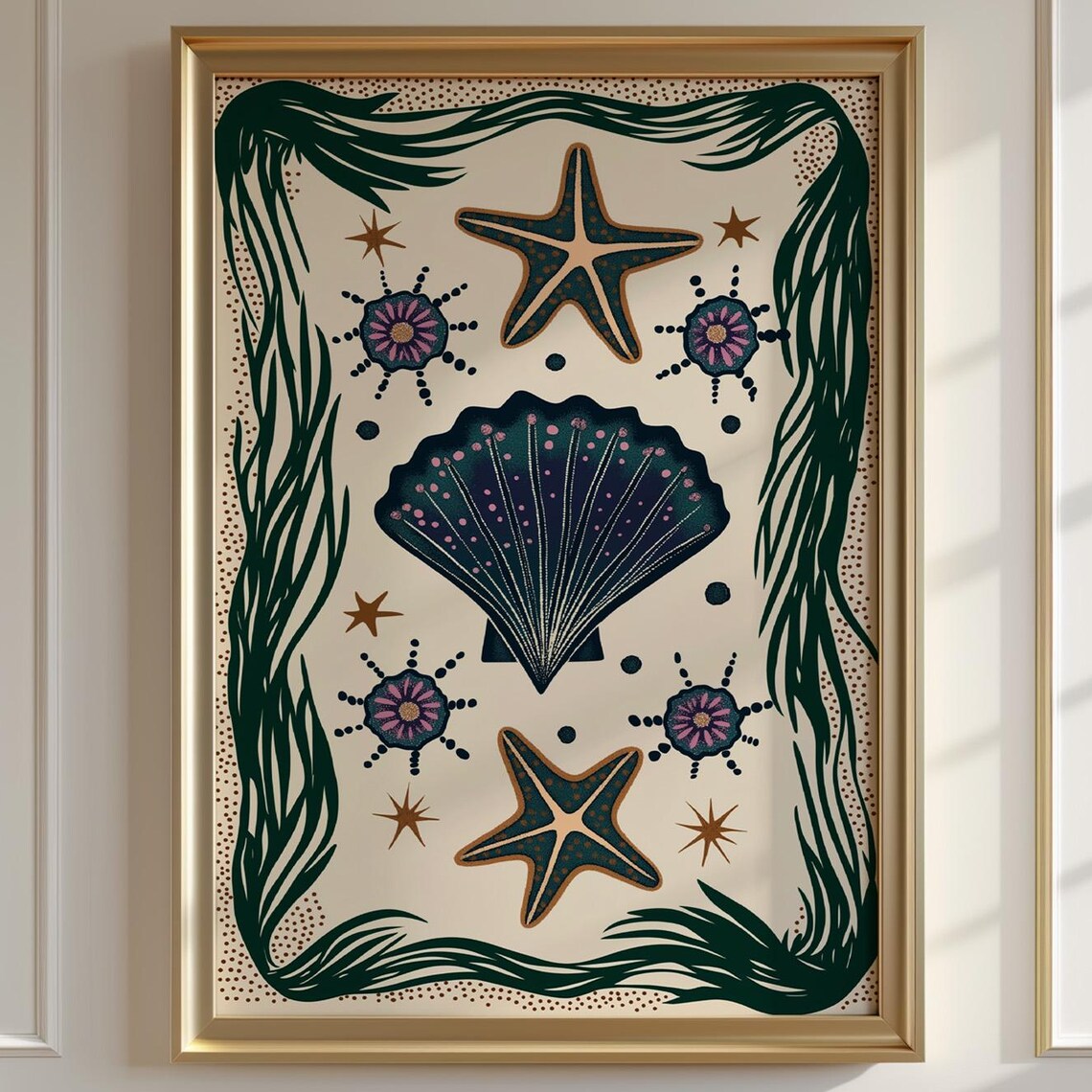 Eclectic Starfish Seashell Illustration Navy Cream Coastal Art Poster