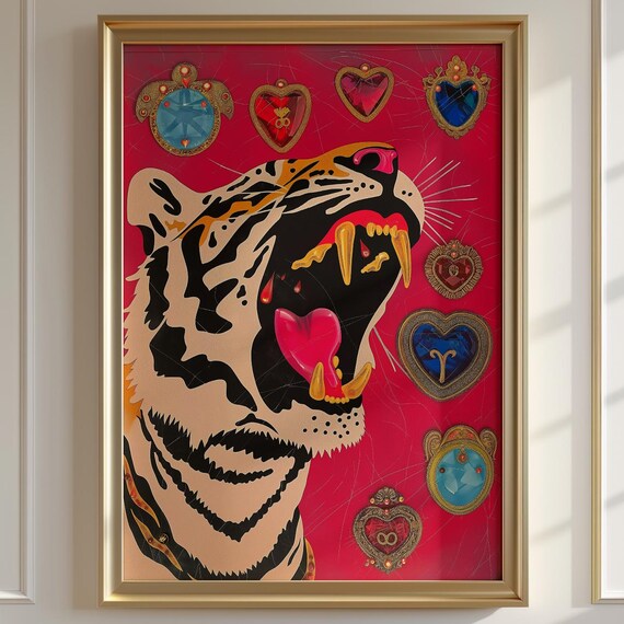 Pop Art Tiger Poster, Maximalist Zodiac Heart Print