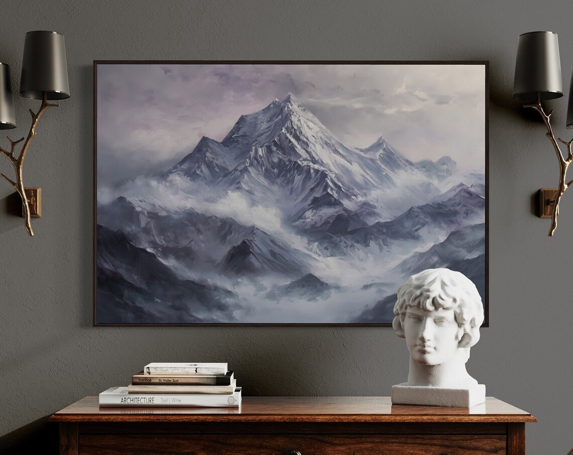 Snow Capped Mountain Peak Clouds Serene Alpine Landscape Poster