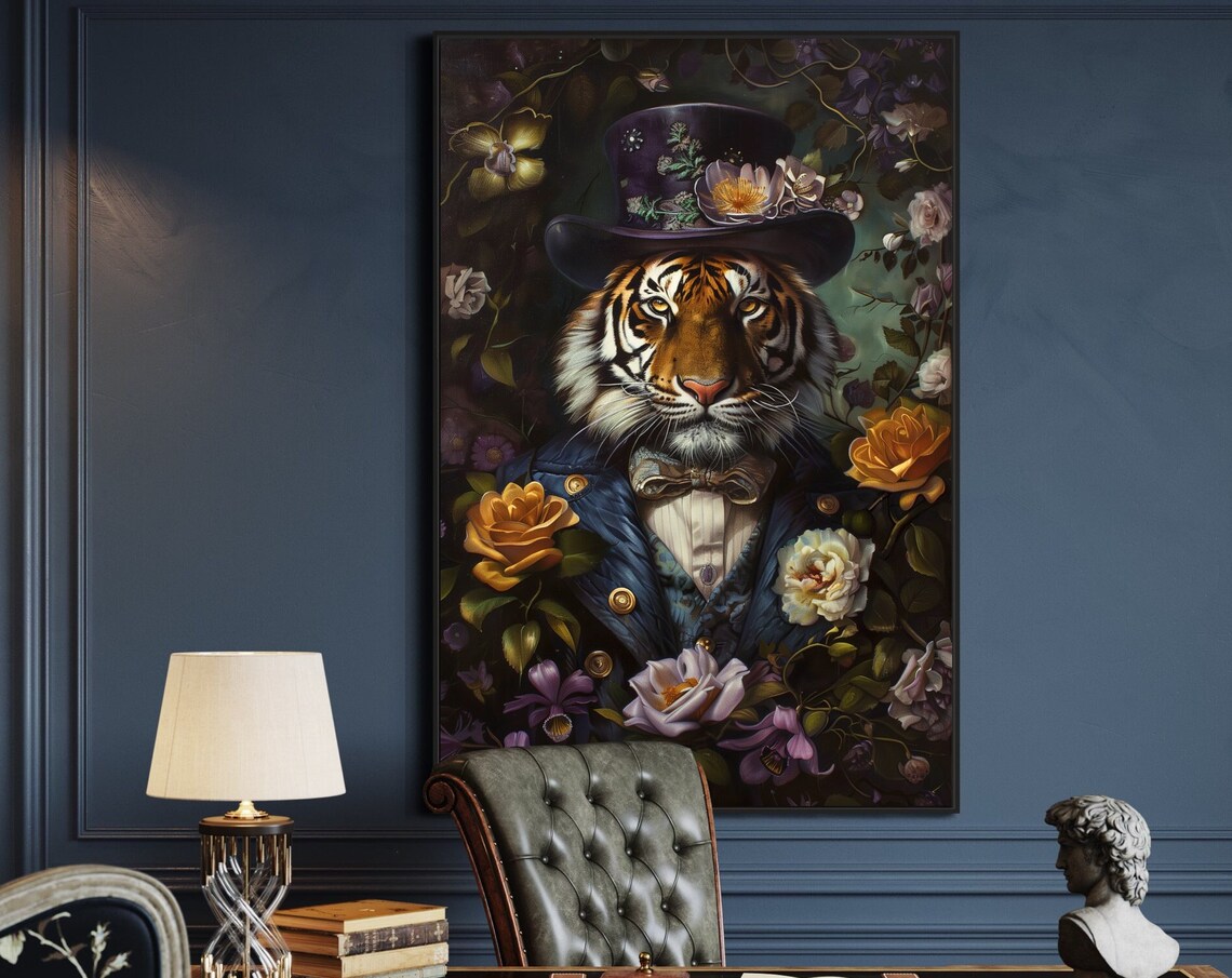 Victorian Tiger Portrait Top Hat Floral Dark Academia Animal Art Poster - Image 4