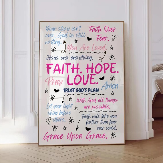 Faith Hope Love Christian Quote Poster Pink Dorm Room Wall Decor