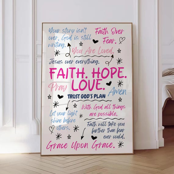 Trendy Christian Wall Art Girly Pink Navy Blue Artwork Preppy Girl Nursery Decor Dorm Uplifting Quote