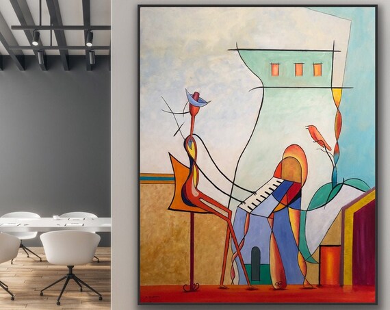Colorful Tall Musician Playing Keyboard with Bird Cubist Art Poster