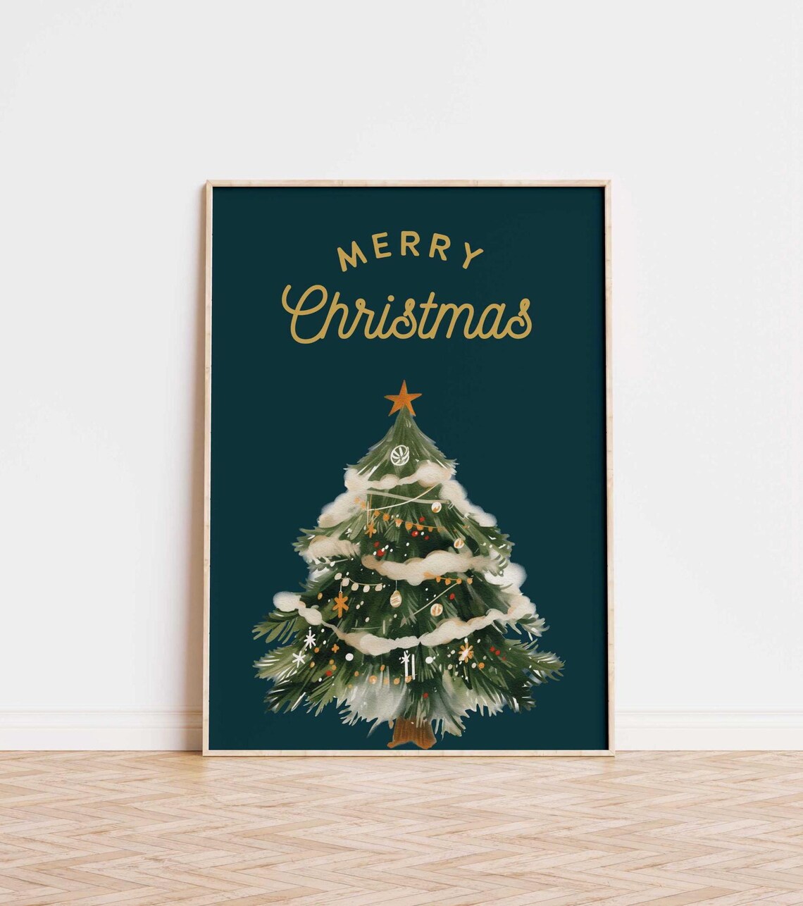 Elegant Gold Merry Christmas Script Snowy Watercolor Tree Poster