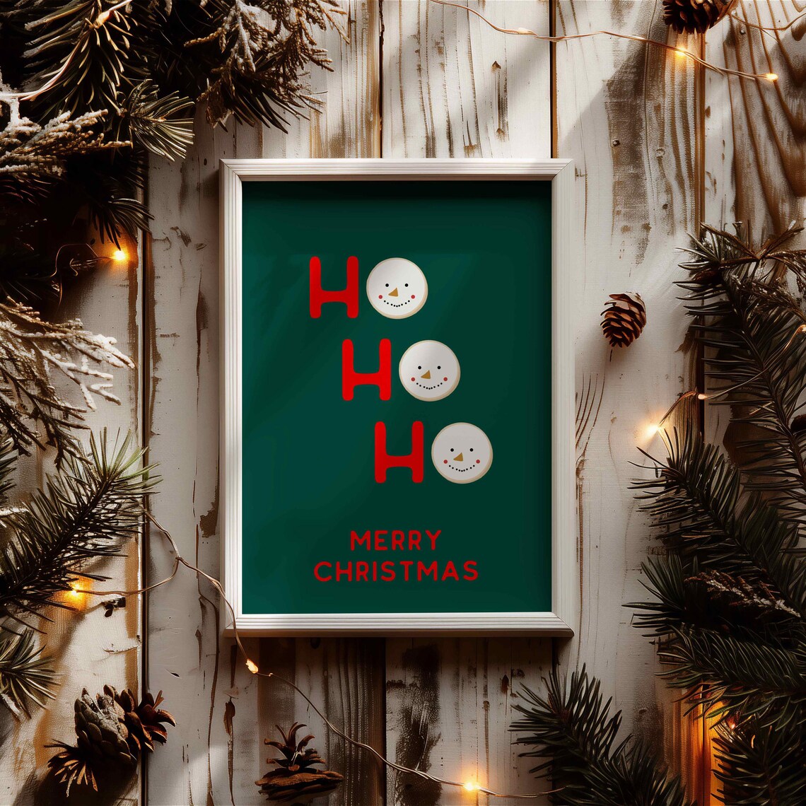 Fun Cute Red Ho Ho Ho Snowman Faces Dark Green Christmas Poster - Image 2