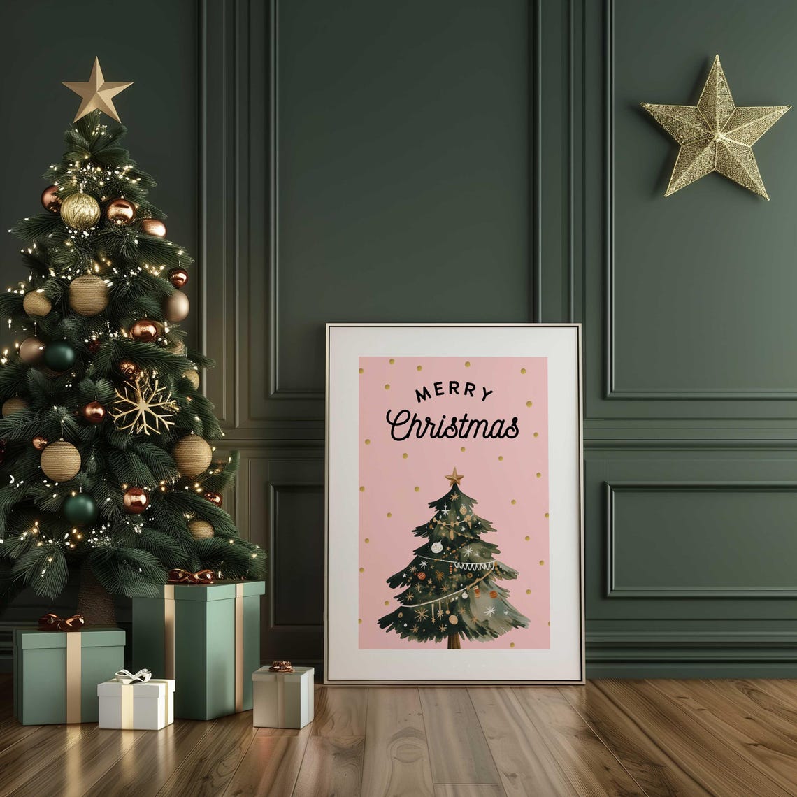 Playful Black Merry Christmas Script Pink Watercolor Tree Poster - Image 2